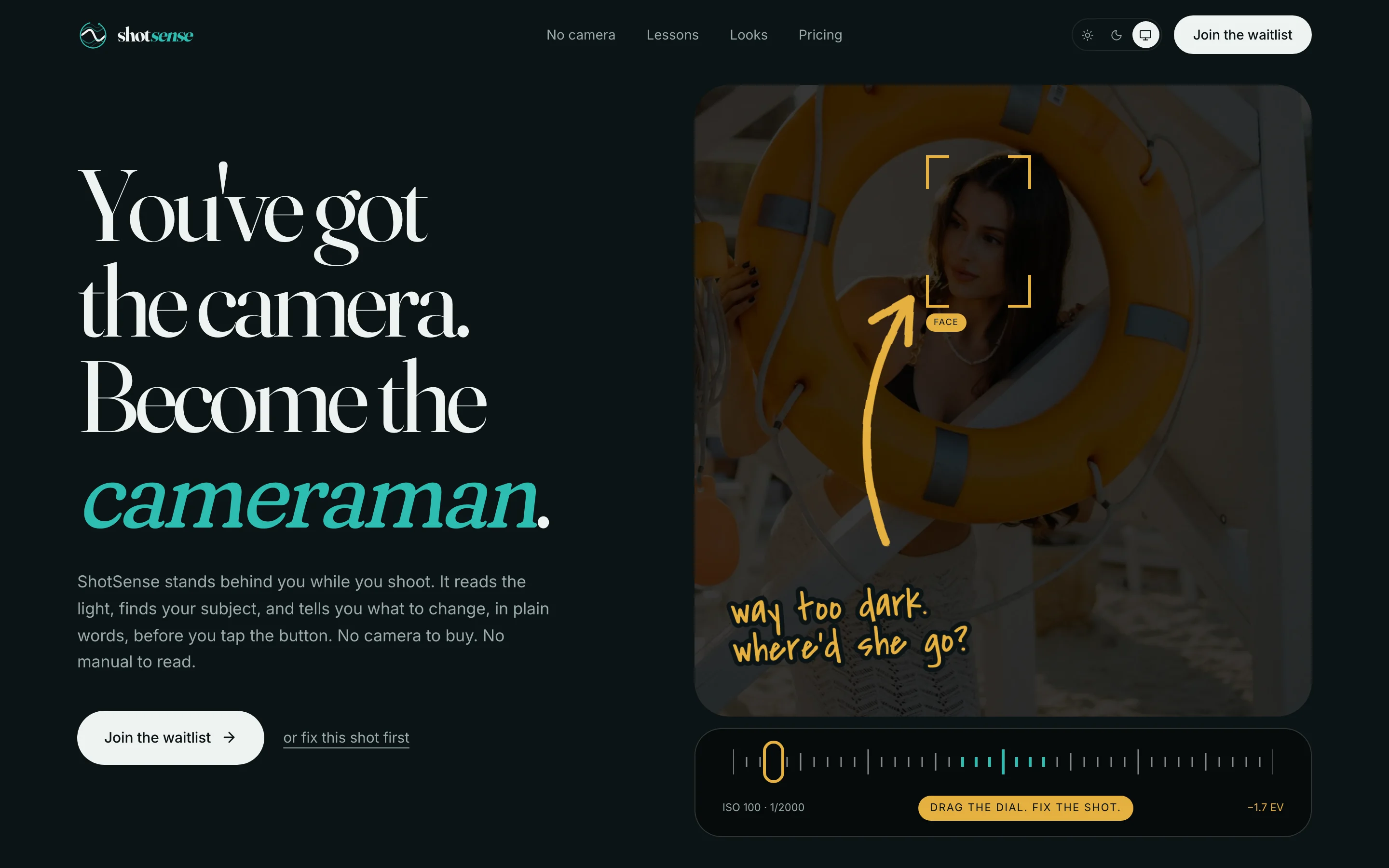 The ShotSense home page: a dark portrait with a face-detection frame, a handwritten note saying way too dark, and an exposure dial.