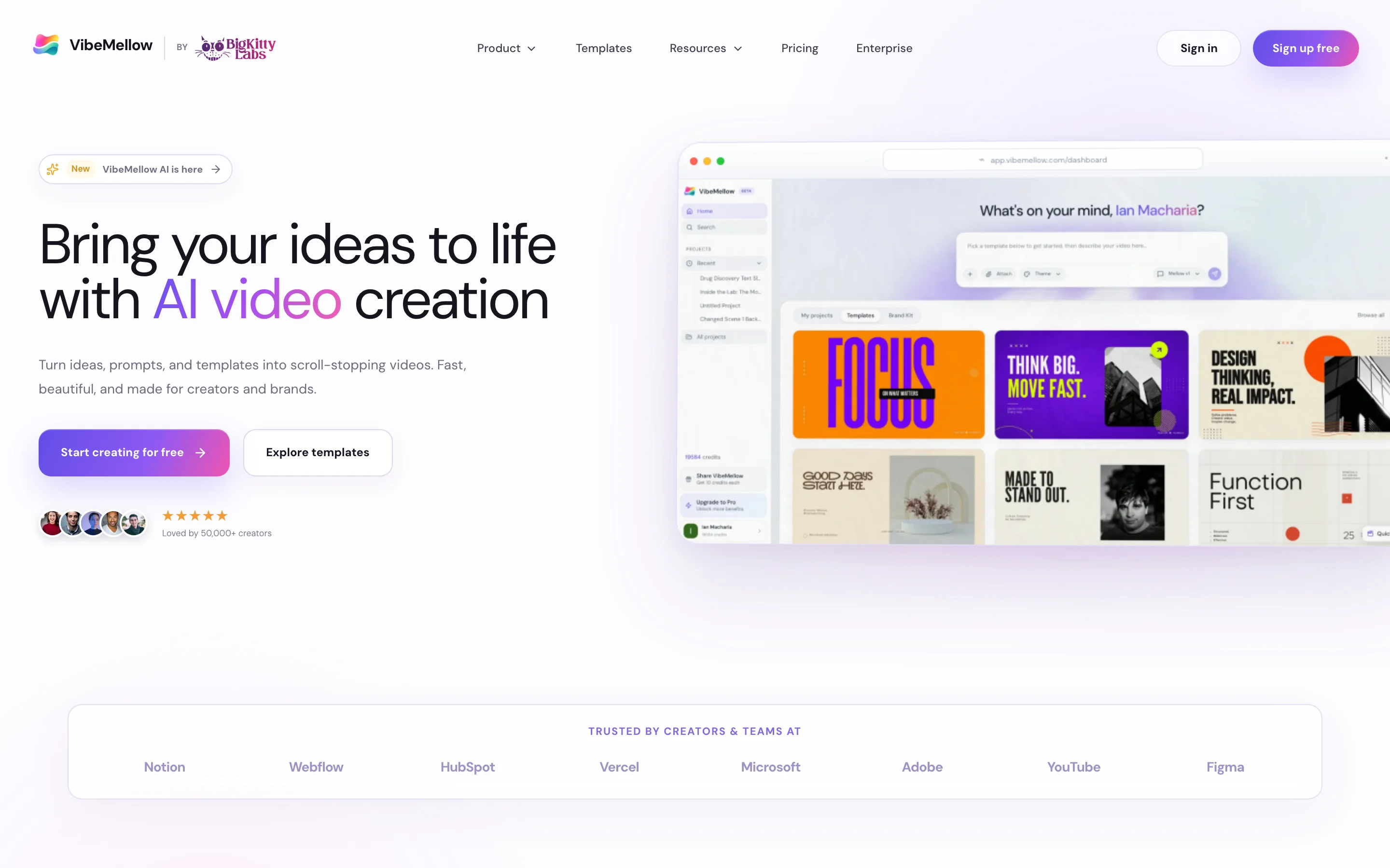 The VibeMellow home page, showing its dashboard with a prompt box and a grid of video templates.